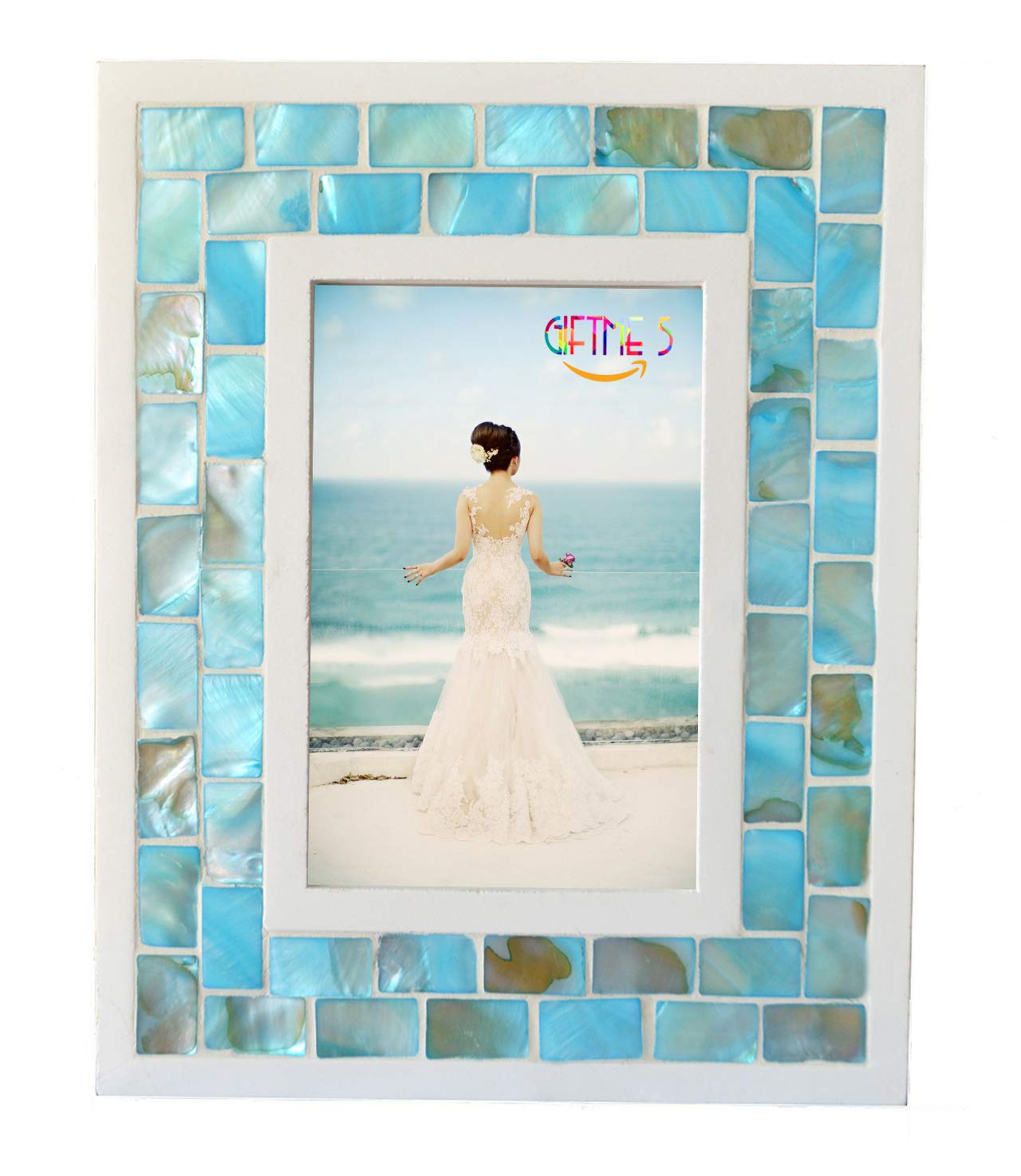 GIFTME 5 Picture Frame 5x7 Mother of Pearl Mosaic Photo Frame,Beach Tabletop or Wall Hanging Picture Frame(5x7 inch, Blue,1pc)