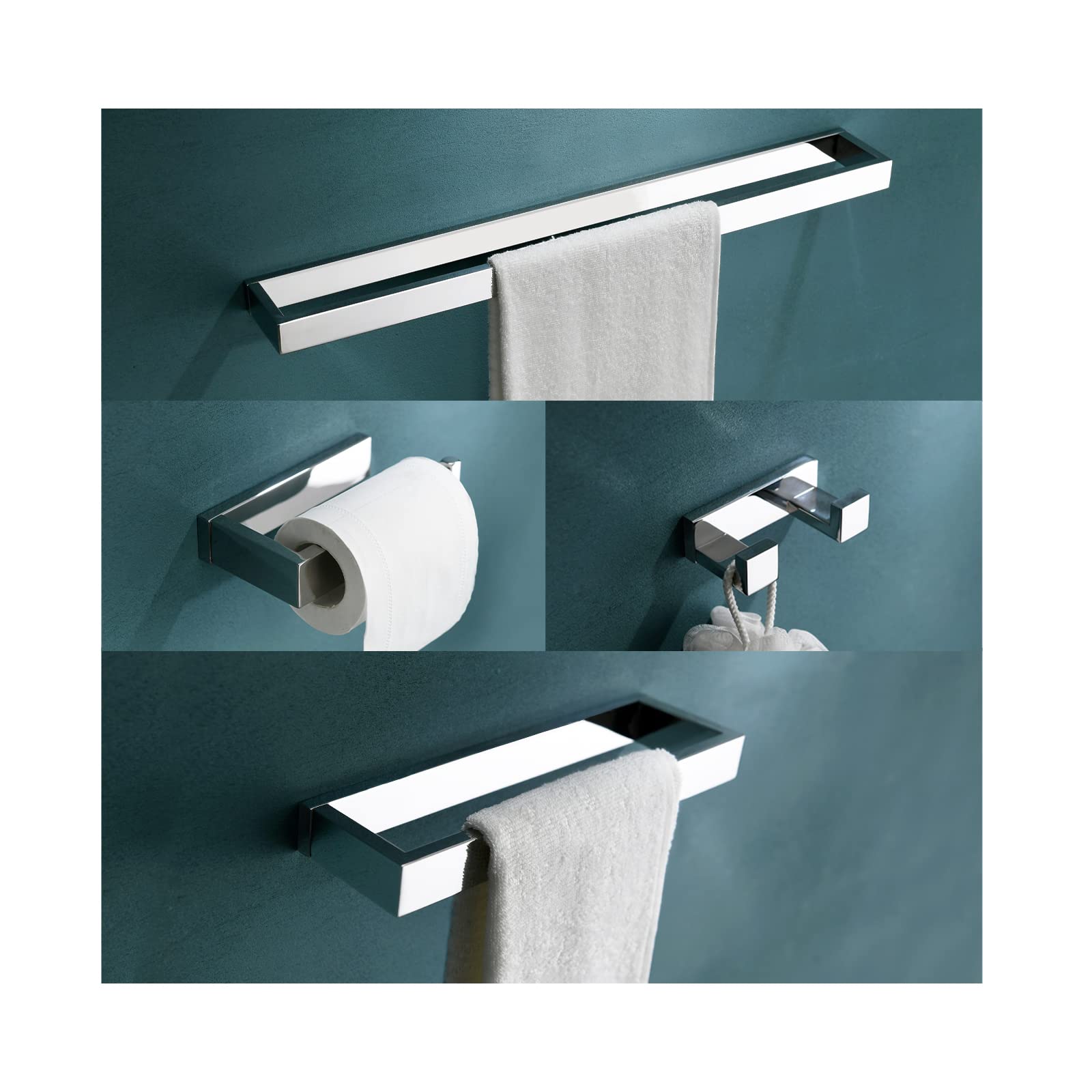 TNOMS 4-Pieces Bathroom Hardware Set, Polished Chrome Towel Bar Set, Wall Mounted Stainless Steel Bathroom Hardware Accessories 