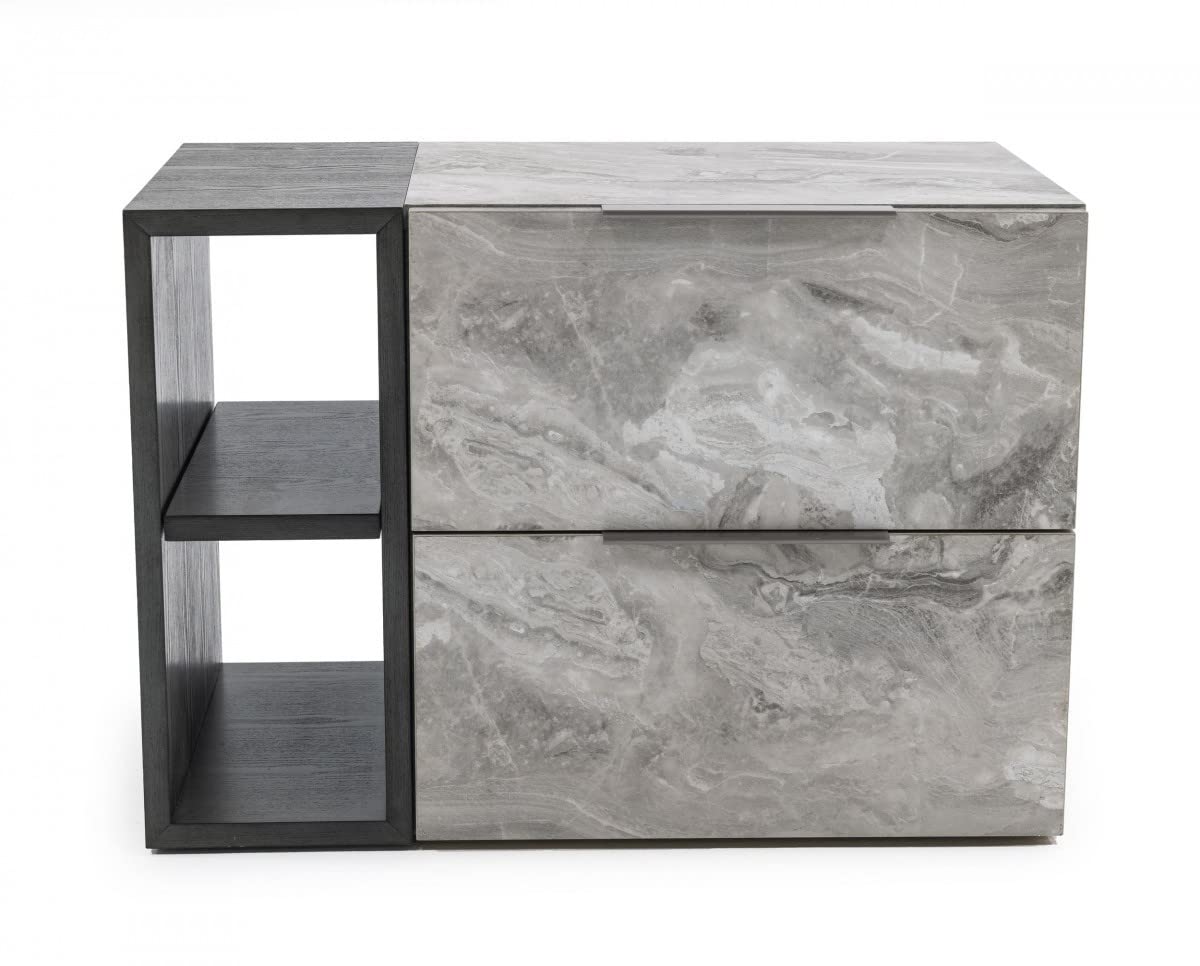 HomeRoots Grey Wash & Faux Marble Veneer, MDF Contempo Gray Faux Marble and Gray Two Drawer Nightstand