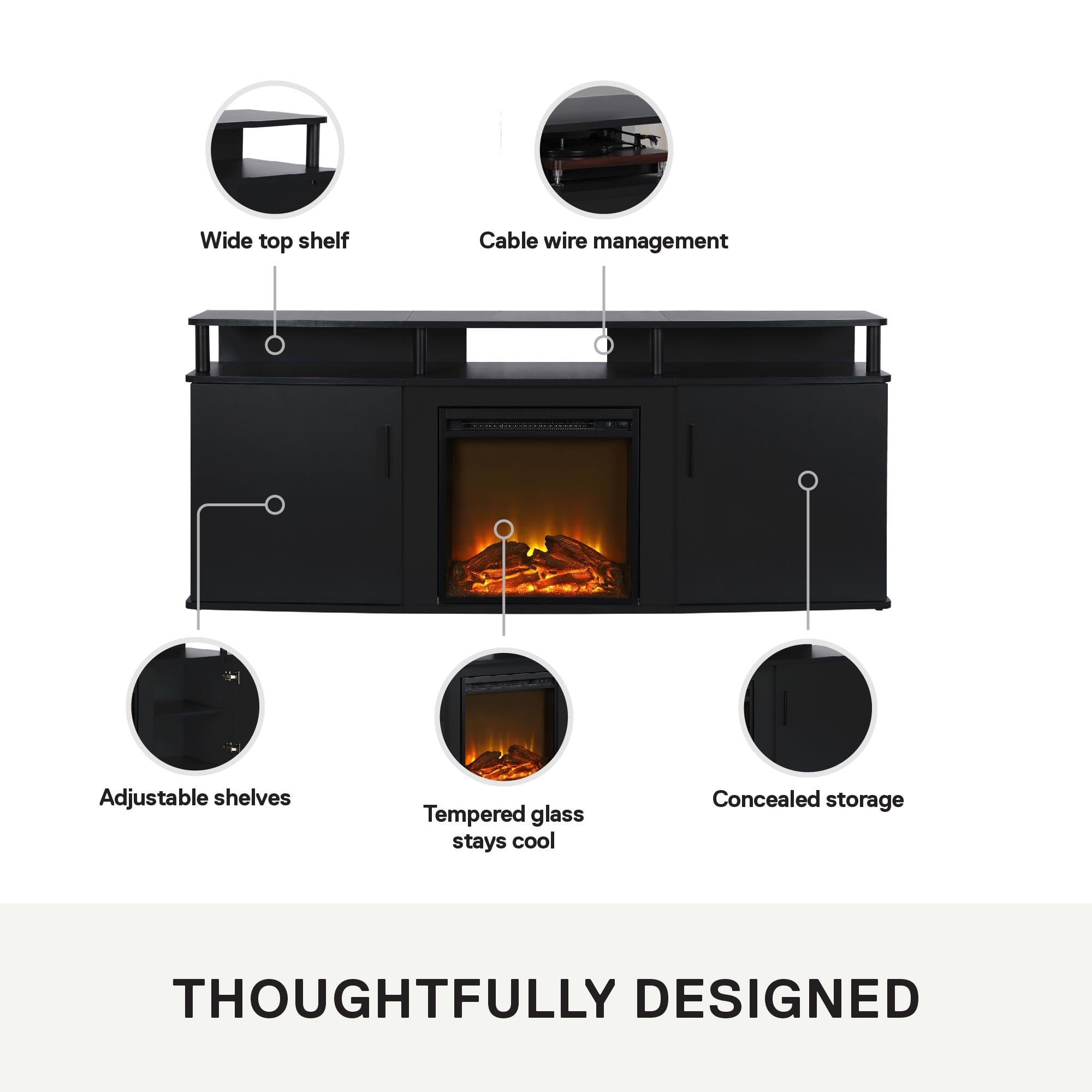 Ameriwood Home Carson Fireplace Tv Stand For Tvs Up To 70 Inch, Replaceable Electric Fireplace Insert Heater, Realistic Log And Flame Effect, For Living Room Or Bedroom, Black