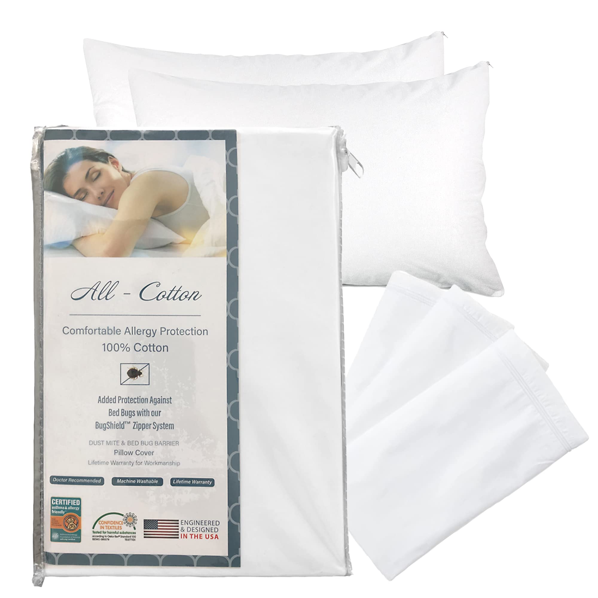 National Allergy Premium 100% Cotton Zippered Pillow Protector - Queen Size - White - 2 Pack - 300 Thread Count - Hypoallergenic
