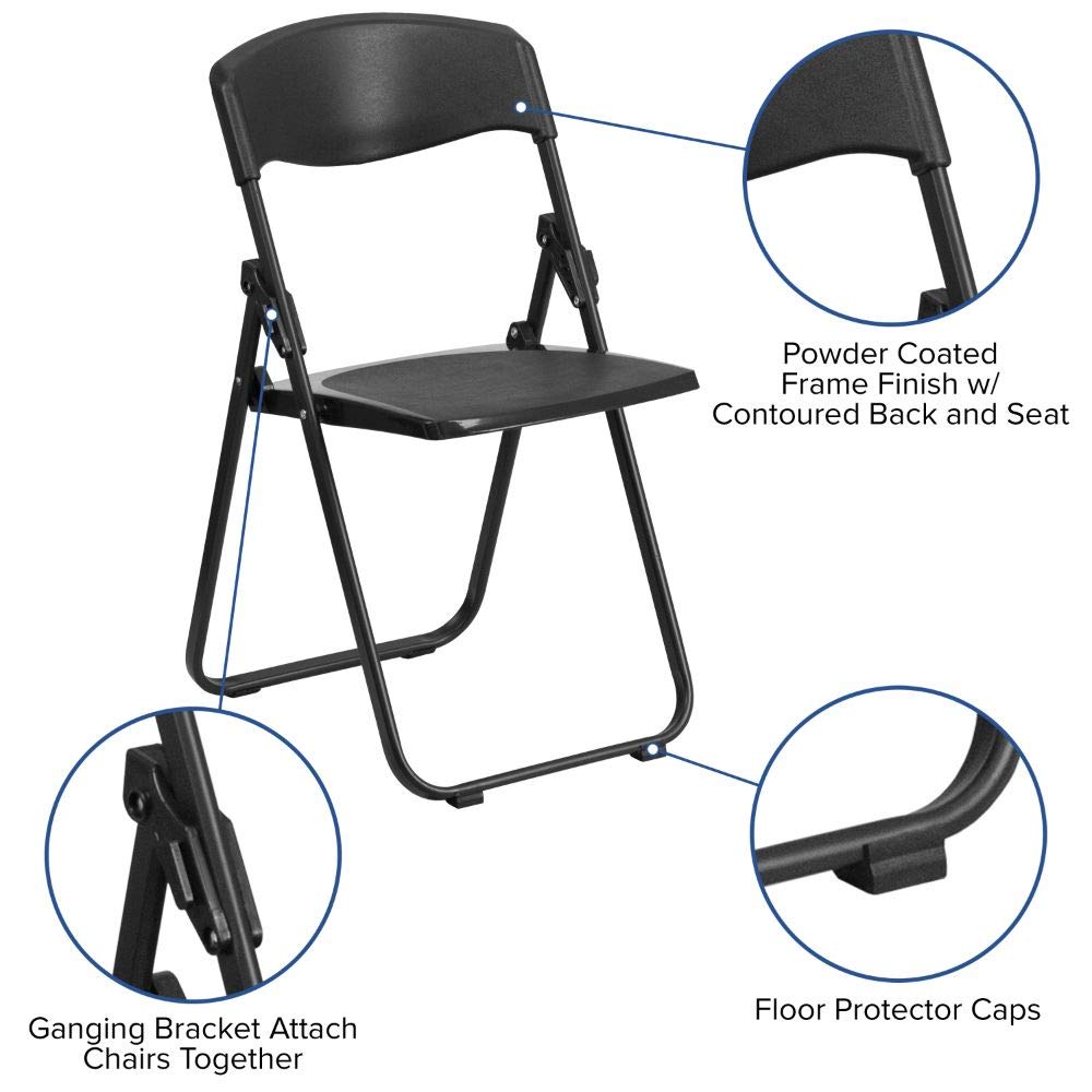 Flash Furniture 2 Pack Hercules Series 500 Lb. Capacity Heavy Duty Black Plastic Folding Chair With Built-In Ganging Brackets