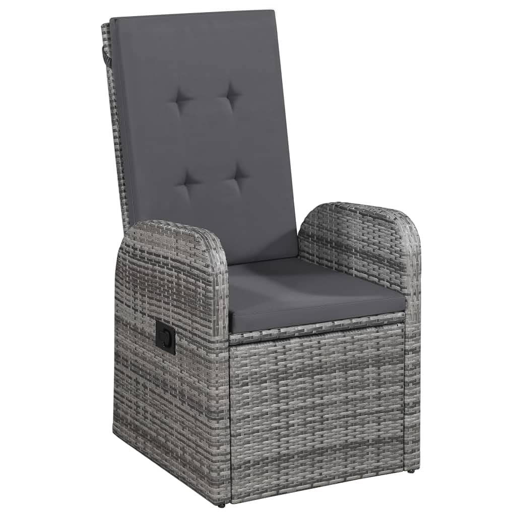 vidaXL 7-Piece Outdoor Patio Dining Set with Cushions, PE Rattan Wicker, Weather-Resistant, Low-Maintenance, Stylish Design, Reclining Chairs, Glass Top Table - Gray and Black