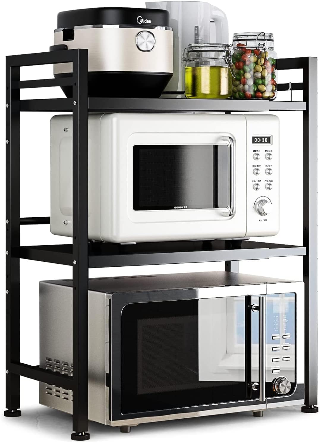 DOLALIKE Microwave Oven Rack, Expandable Microwave Stand Countertop Kitchen Utensils Tableware Storage, Carbon Steel Over Microw