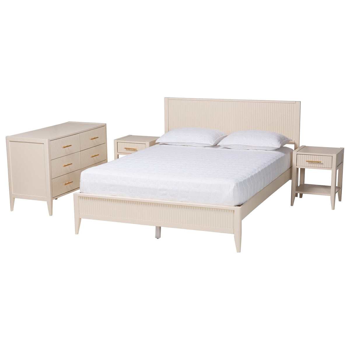 Baxton Studio Primrose Mid-Century Ivory Fluted Wood Queen Size 4-Piece Bedroom Set