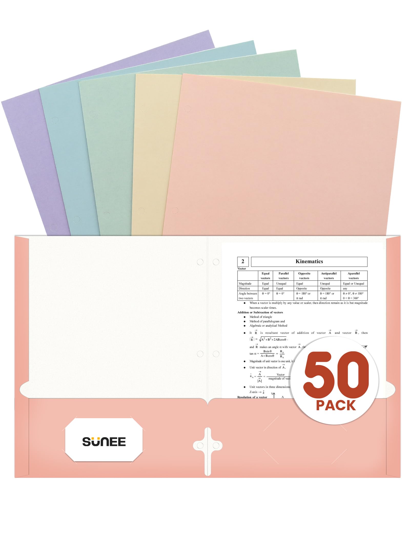 Sunee Folders With Pockets 3 Hole Punched(50 Pack, Pastel Colors), 2 Pocket Folders Fit Letter Size Paper, Paper File Folder For