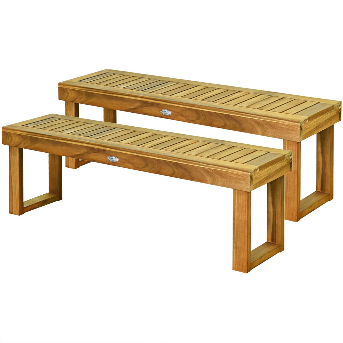 Tangkula 52 Inches Acacia Wood Outdoor Bench, Wood Bench For Dining Room Entryway Poolside Garden, Patio Backless Dining Bench With Slatted Seat, Ideal For Outdoors & Indoors (2, Teak)