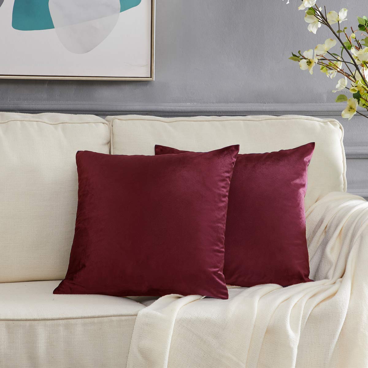 Gigizaza Decorative Couch Throw Pillow Cover,Set Of 2 Sofa 20X20 Red Throw Pillows,Square Farmhouse Velvet Throw Cushions