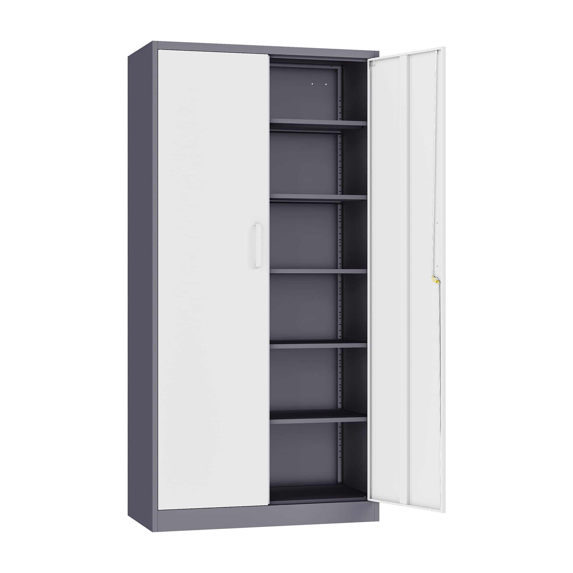 Metal Storage Cabinet With 2 Doors And 5 Adjustable Shelves,Gray White Metal Cabinet With Lock,Garage Storage Cabinet,Lockable Pantry Cabinet,Steel Utility Cabinet For Home,Office,Garage,Shop 72X36X18