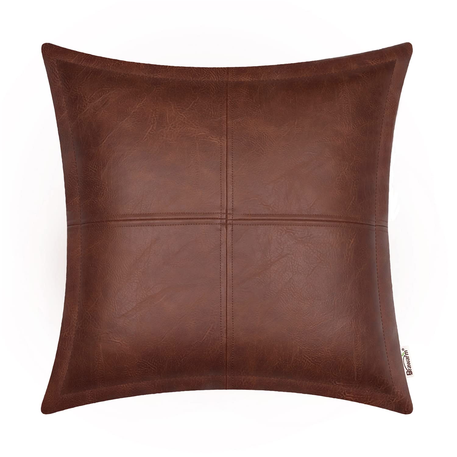 Brawarm Dark Brown Leather Throw Pillow 18 X 18 Inches, Faux Leather Pillow Cover With Piping, Hand Stitched Leather Decorative