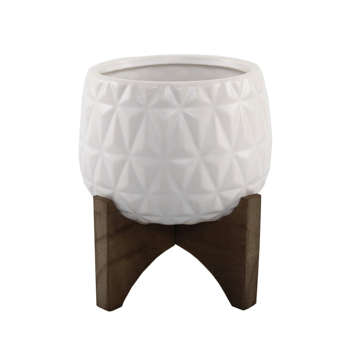 Flora Bunda 5 Inch Kaleid Ceramic On Wood Stand Mid Century,Matte White 5'
