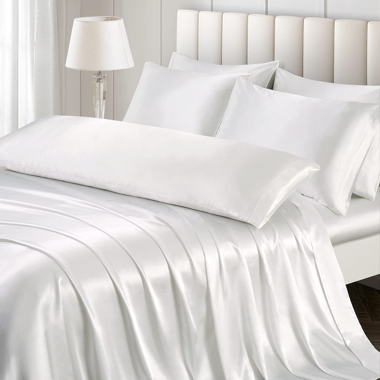 Ersmak 7 Pieces Satin Sheets Set Queen Size, Luxury Silky Ivory White Satin Bed Sheets Set With 1 Deep Pocket Fitted Sheet, 1 So