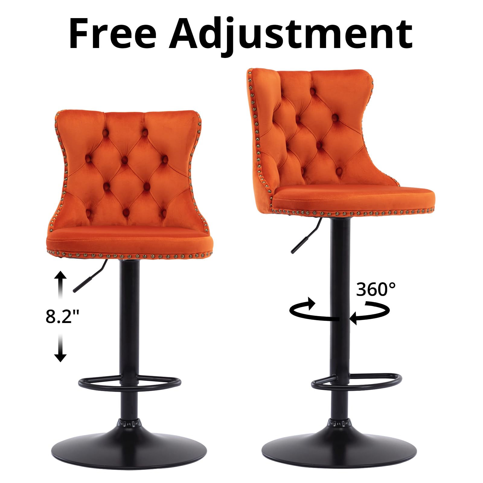 I-Pook Swivel Bar Stools Set Of 2, Adjustable Counter Height Barstools With Nailheads Trim, Button Tufted Back And Black Footrest, Velvet Bar Chairs For Dining Room Home Bar Kitchen Island, Orange