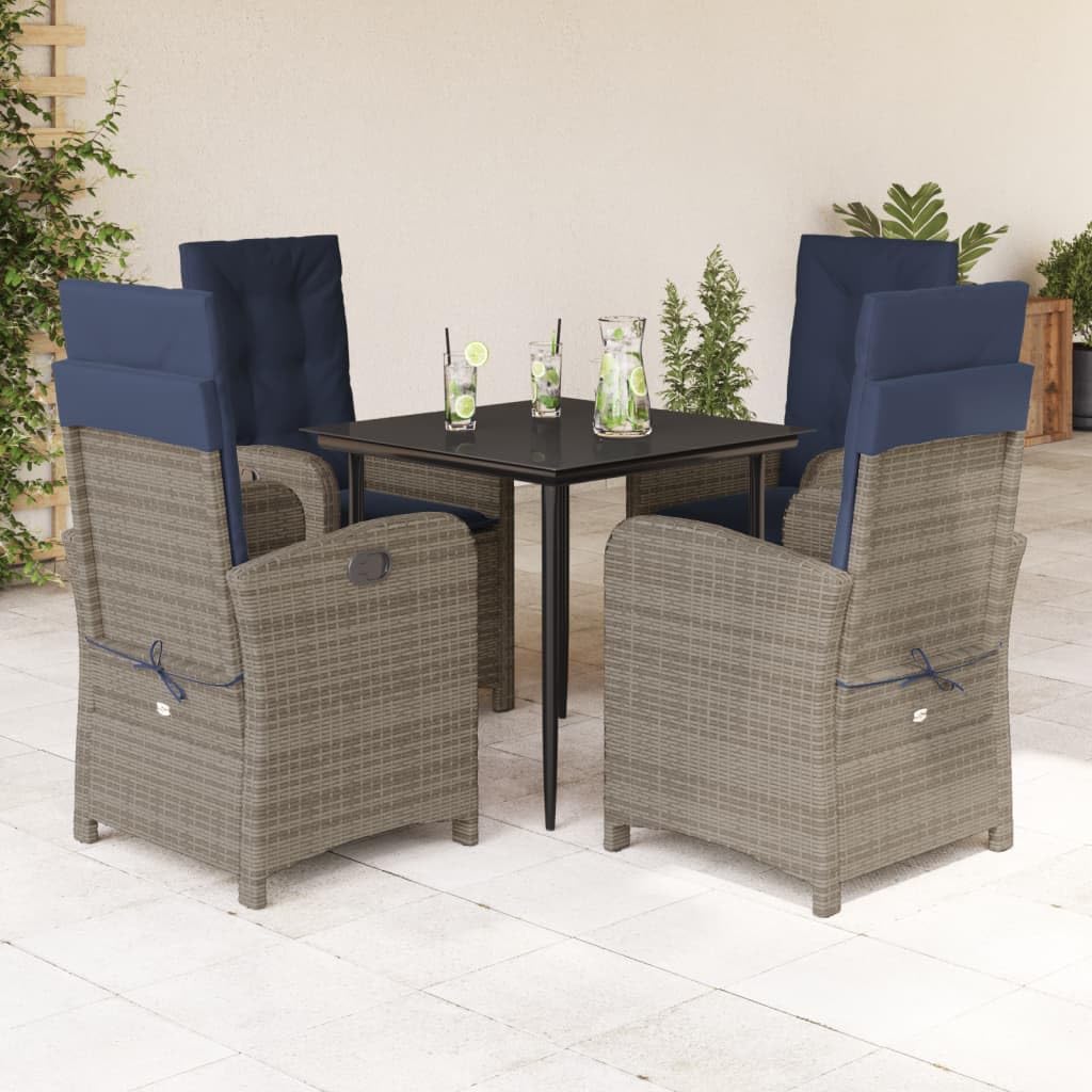 vidaXL 5-Piece Patio Dining Set with Adjustable Rattan Recliner Chairs & Glass Table - Outdoor Garden Furniture with Navy Cushions