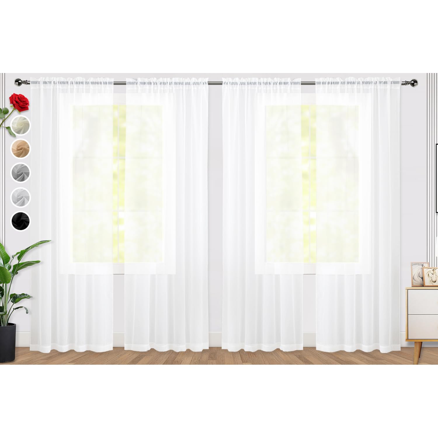 Spacedresser Sheer White Curtains 4 Panels Rod Pocket Semi-Sheer Curtain 45 Inches Long Light Filtering Voile Window Drapes For