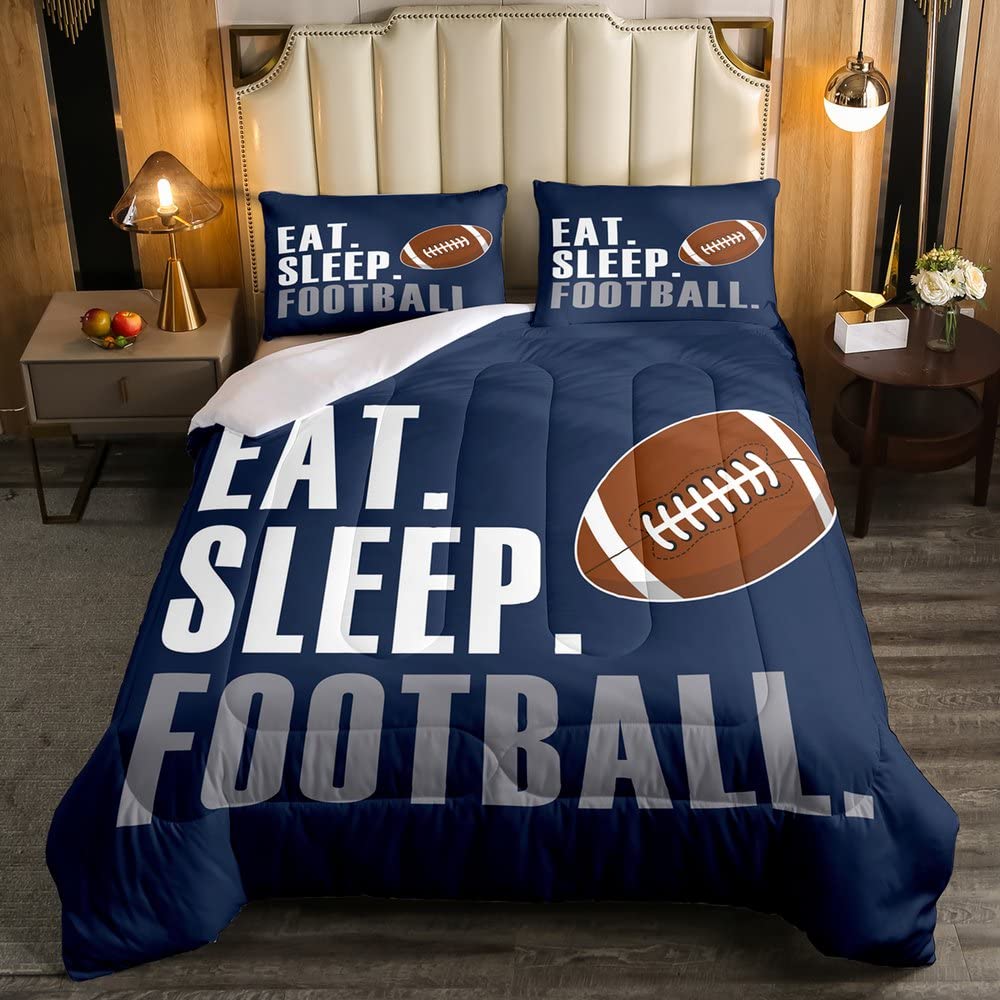 Feelyou Rugby Comforter American Football Sports Bedding Set For Boys Girls Women Men Blue Eat Sleep Football Comforter Set Ball