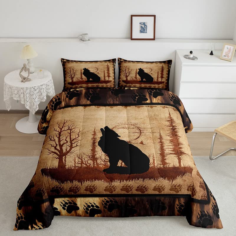 Cute Wolf Comforter Set for Girls Boys Kids Wolves Howling Bedding Set Room DecorAnimal Wolves Tree Bedding Set Exotic Brown Bla
