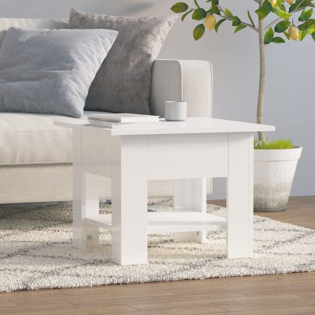 vidaXL Modern Coffee Table in High Gloss White, Engineered Wood with Storage Shelf, Square Shape, Perfect for Living Room, Easy Clean