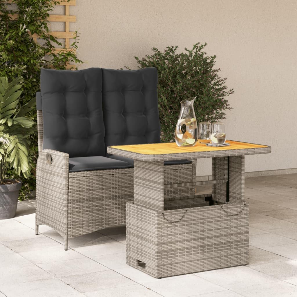 vidaXL Patio Dining Set ?Outdoor Furniture 2-Piece, PE Rattan, Adjustable Reclining Bench, Gray Cushions, Lift-Up Garden Table, for Garden, Backyard, Patio