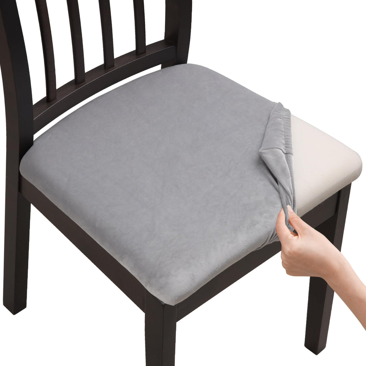 Fuloon Stretch Dining Chair Covers, Velvet Chair Seat Covers Washable Seat Cushion Slipcover Chair Cover Dining Room For Hotel, Ceremony, Banquet Wedding Party (Velvet Light-Grey, 4)