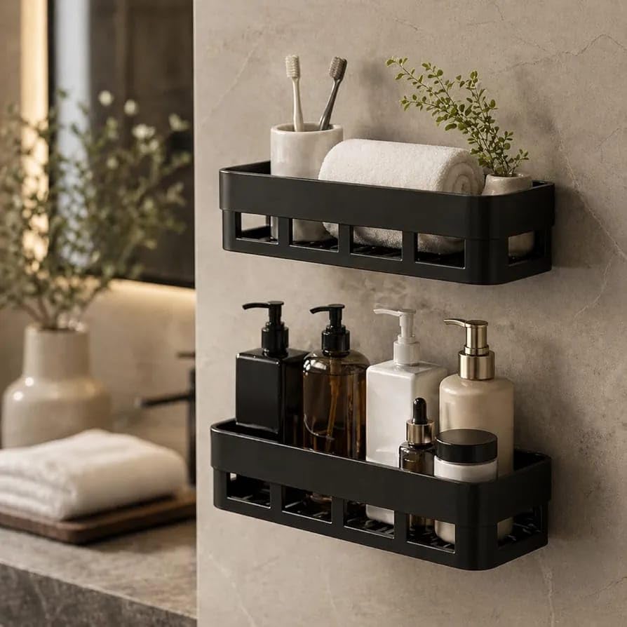 Maulix Wall Mounted Bathroom Shelf Organizer No Drill Adhesive Waterproof Plastic Shower Storage Rack For Kitchen Vanity Washroo