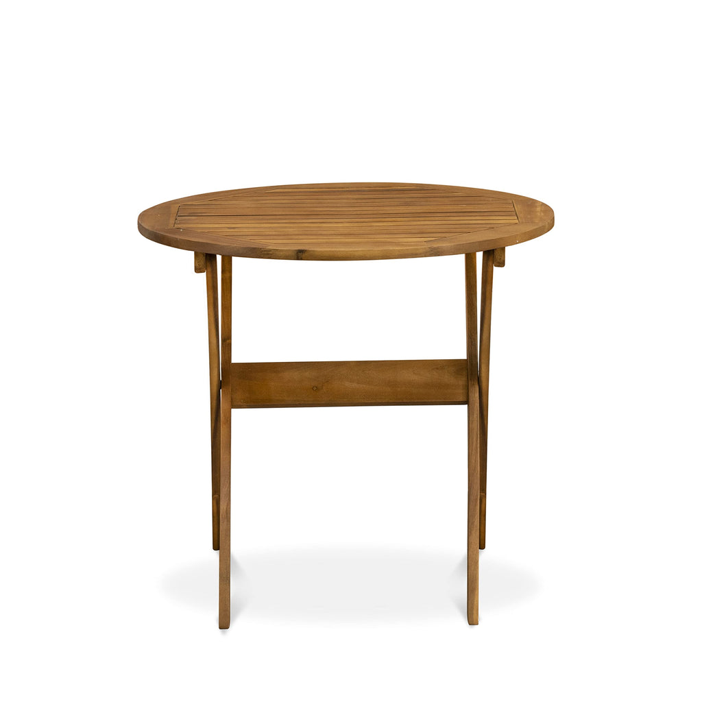 East West Furniture MNCM3CWNA Marion 3 Piece Patio Bistro Set Contains a Round Outdoor Acacia Wood Coffee Table and 2 Folding Side Chairs, 30x30 Inch, Natural Oil
