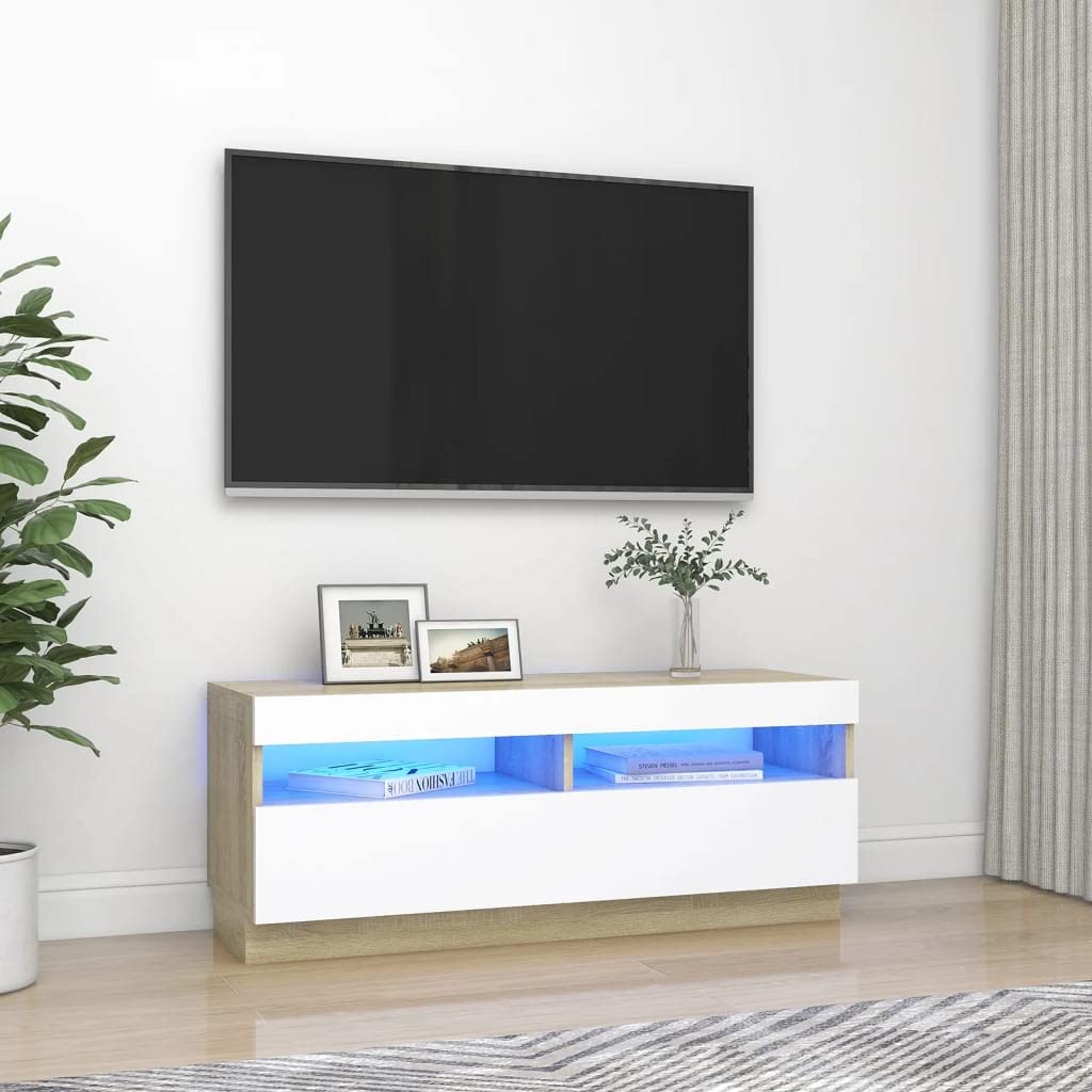 vidaXL TV Cabinet with LED Lights White and Sonoma Oak 39.4&quot;x13.8&quot;x15.7&quot;