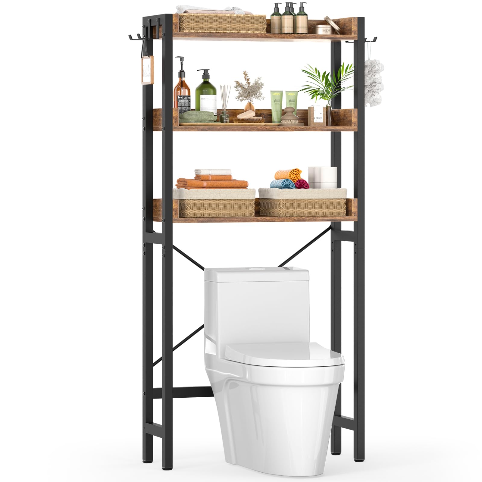 Ecoprsio Over-The-Toilet Storage Rack, 3-Tier Bathroom Organizer Shelf Over Toilet, Freestanding Space Saver Toilet Stands With 4 Hooks, Rustic Brown