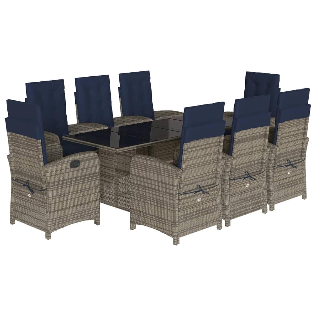 vidaXL 9-Piece Adjustable Patio Dining Set - Poly Rattan Outdoor Furniture with Reclining Chairs, Tempered Glass Table, Navy Cushions