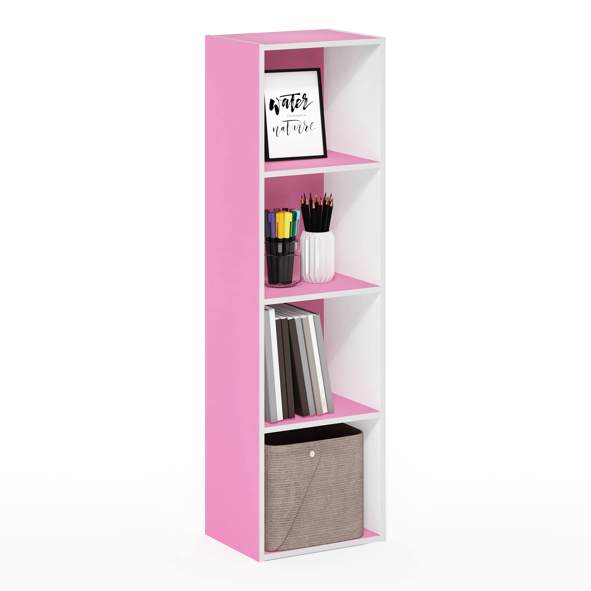 Furinno Luder Bookcase / Book / Storage, 4-Tier Cube, Pink/White