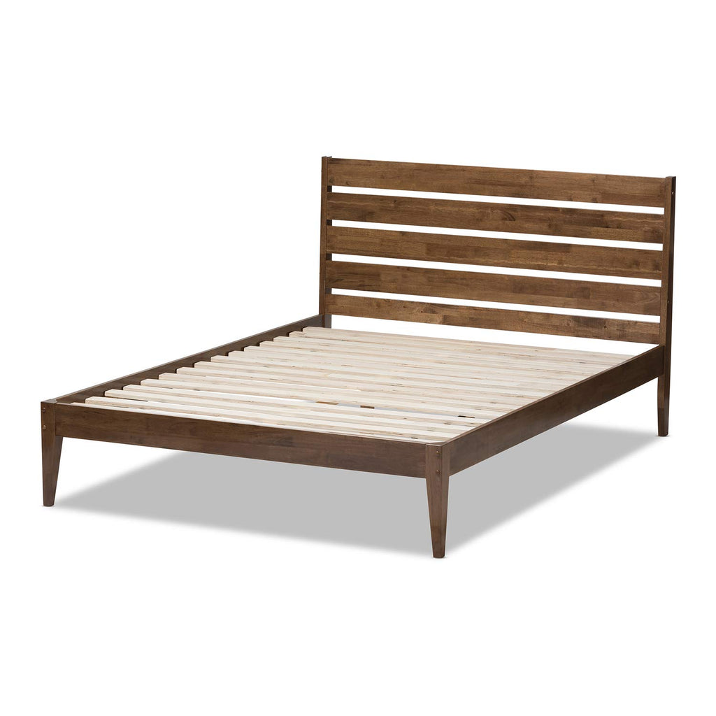 Baxton Studio Elmdon Mid-Century Modern Solid Walnut Wood Slatted Headboard Style Full Size Platform Bed/Mid-Century/Walnut Brown/Rubber Wood/Hardwood/LVL/Poplar