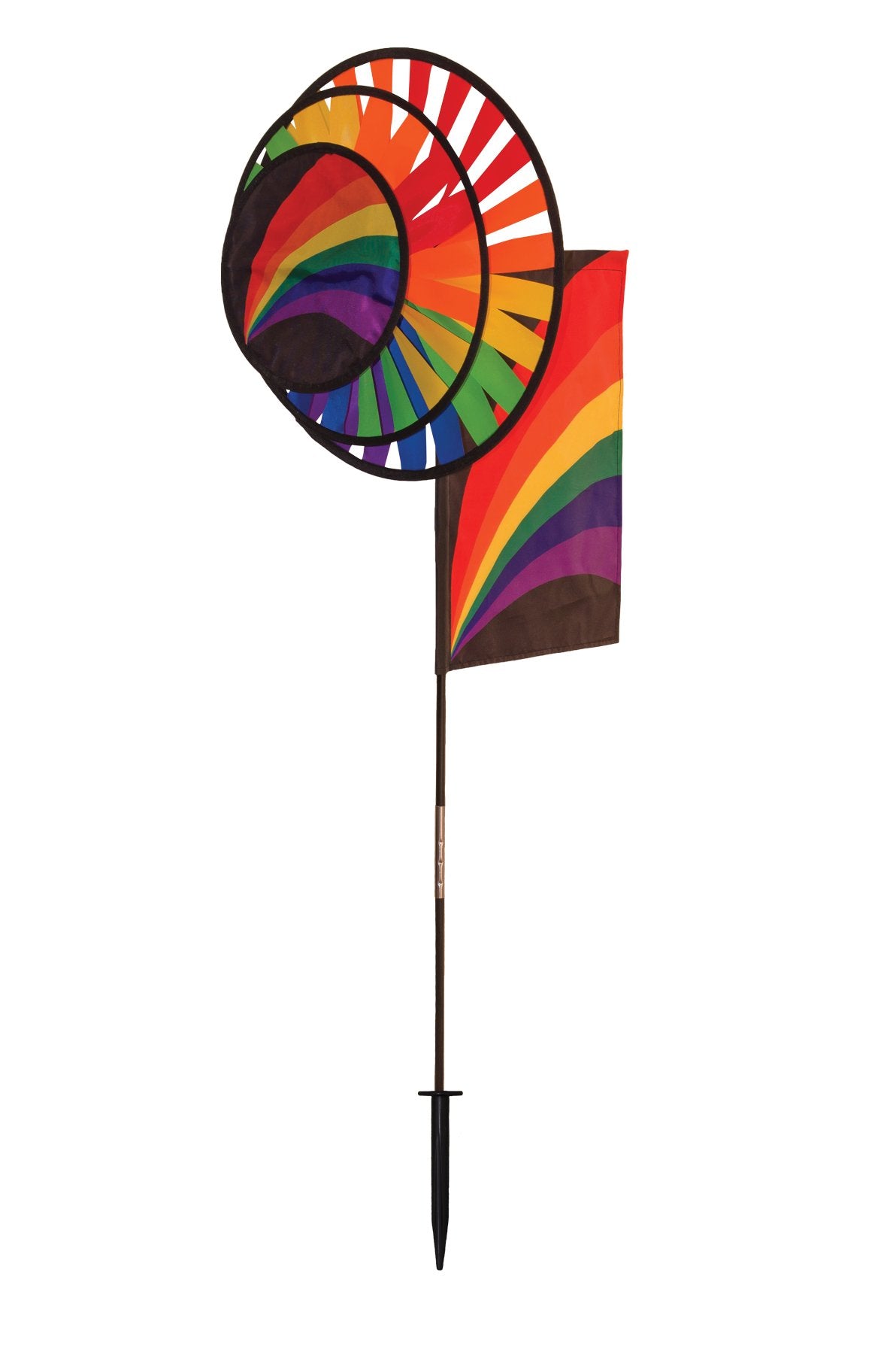 In The Breeze 2773 Rainbow/Black Dual Wheel Wind Spinner With Garden Flag