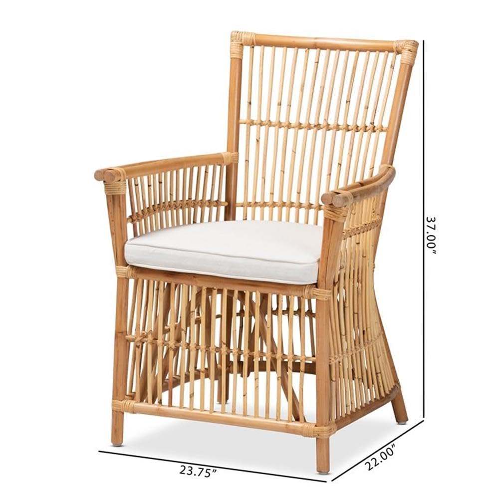 Baxton Studio Rose Modern Bohemian White Fabric Upholstered and Natural Brown Rattan Armchair