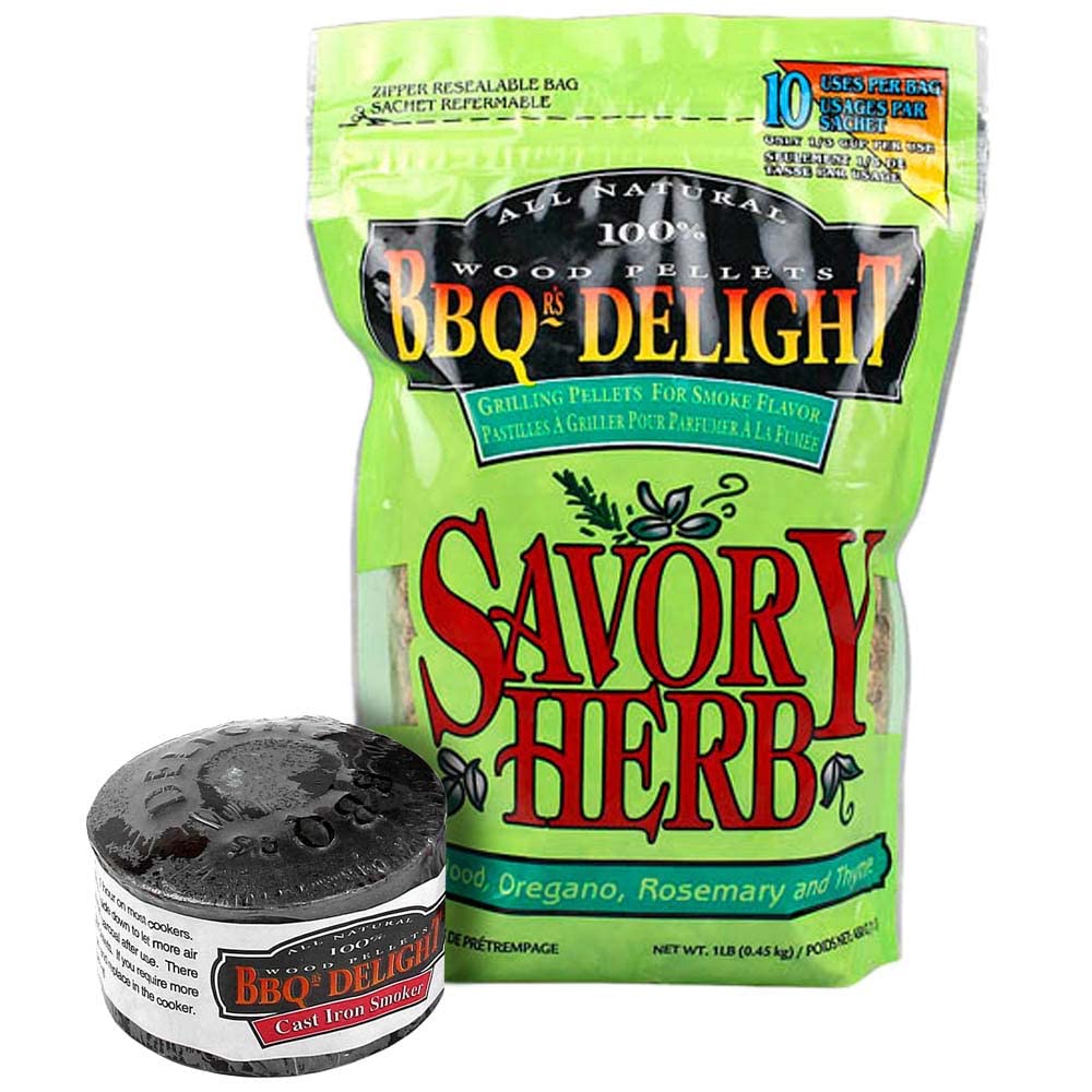 Bbqr'S Delight Cast Iron Smoker For Grills & 1Lb Bag Savory Herb Blend Pellets