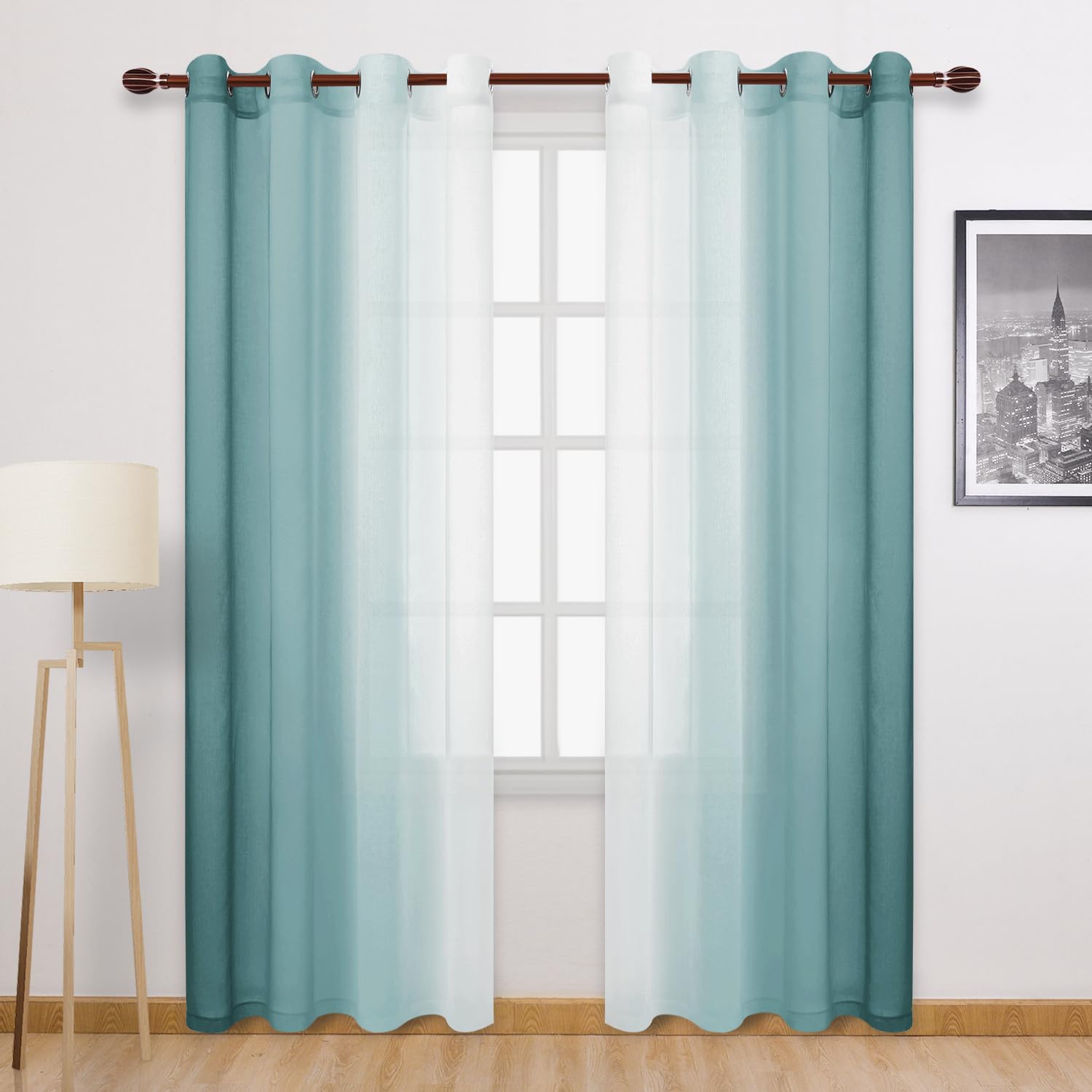 Dwcn Blue Faux Linen Ombre Sheer Curtains - 84 Inches Length Gradient Semi Voile Curtains For Bedroom And Living Room, Set Of 2