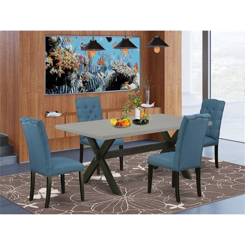 East West Furniture X697El121-5 5 Piece Dining Room Table Set Includes A Rectangle Kitchen Table With X-Legs And 4 Blue Linen Fabric Parson Dining Chairs, 40X72 Inch, Multi-Color