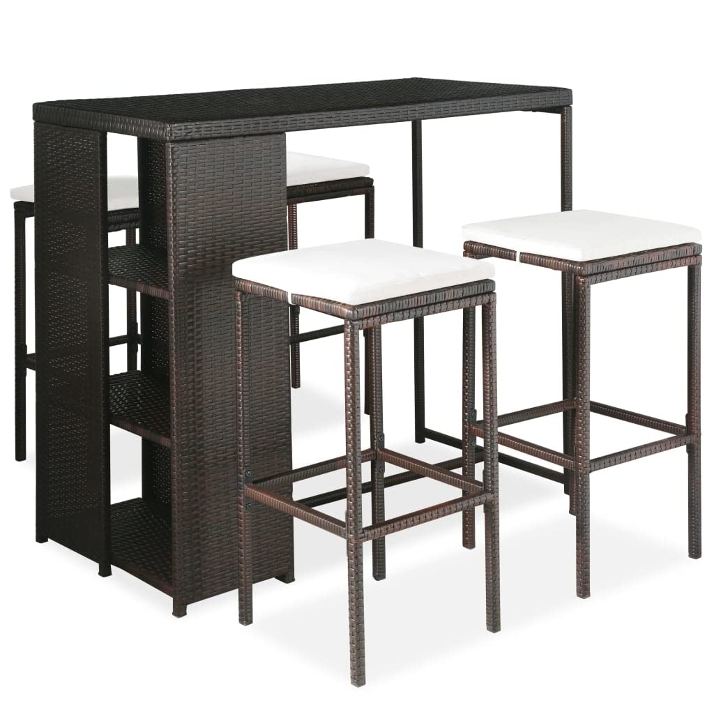vidaXL Patio Bar Set 5 Piece, Bistro Set for Outdoor Porch Yard, Bar Stool with Cushions, Bistro Table, Farmhouse Modern Style, Poly Rattan Brown