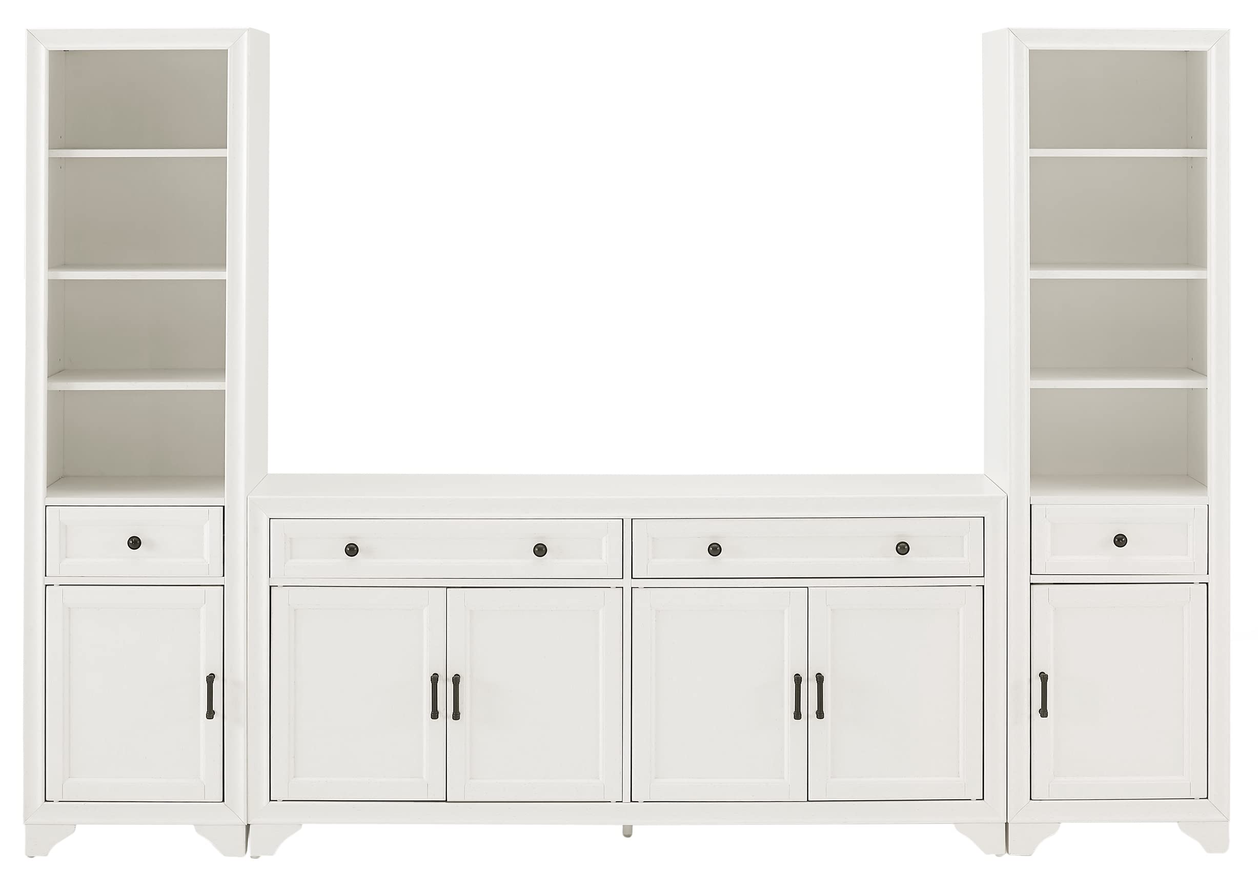 Crosley Furniture Tara 3-Piece Entertainment Center with TV Stand, Bookshelves, and Storage Shelves, Distressed White