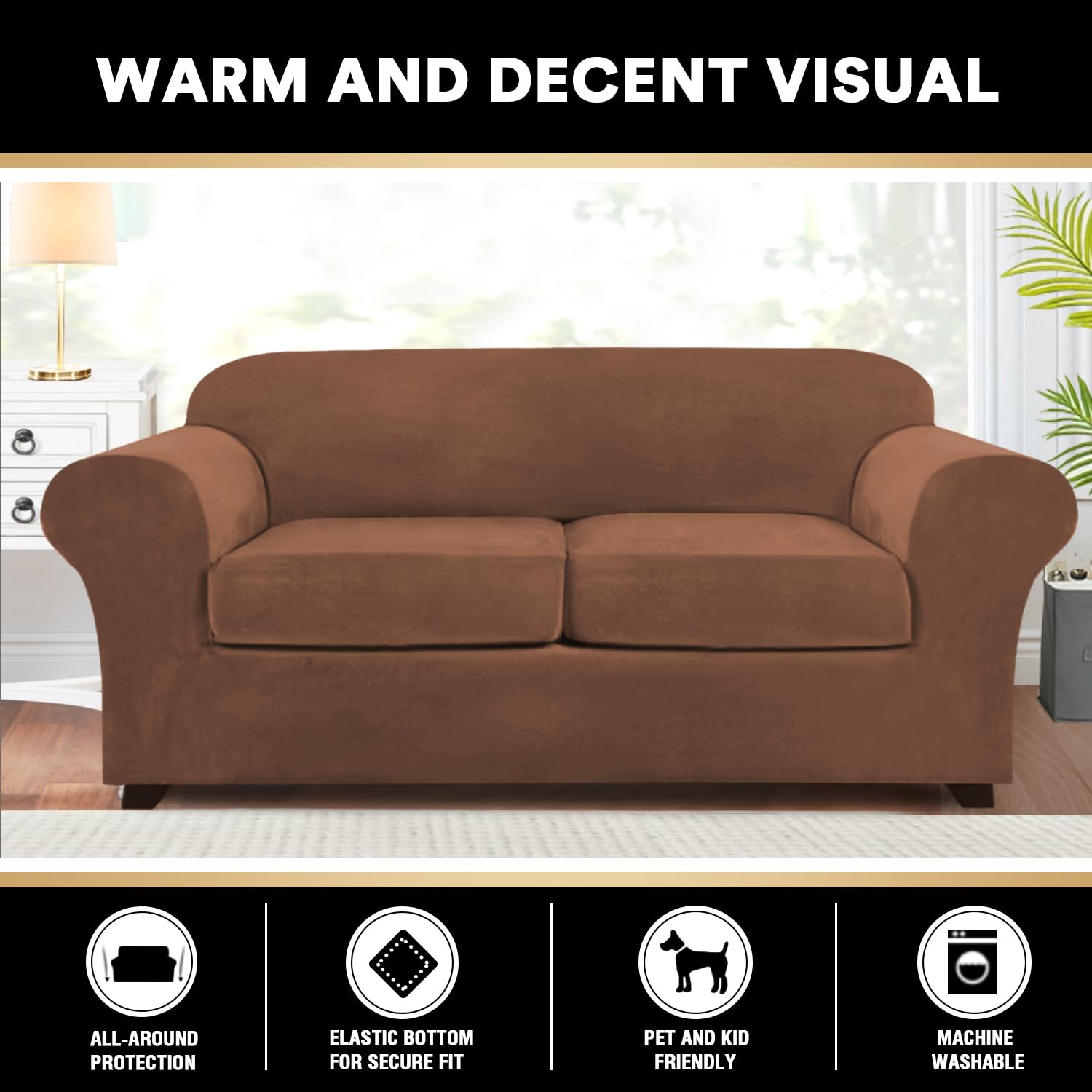 Princedeco 3 Pieces Sofa Covers Velvet Couch Covers For 2 Cushion Sofa Soft Sofa Covers For 2 Cushion Couch Width Up To 90 Inch Feature Thick Soft Stay In Place(Medium-Large, Caramel)