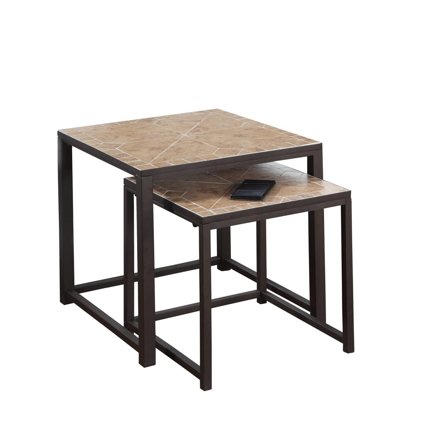 Monarch Specialties 3161 Nesting Table, Set Of 2, Side, End, Accent, Living Room, Bedroom, Metal, Tile, Brown, Transitional Table-2Pcs Set/Terracotta Top, 20&quot; L X 20&quot; W X 20&quot; H