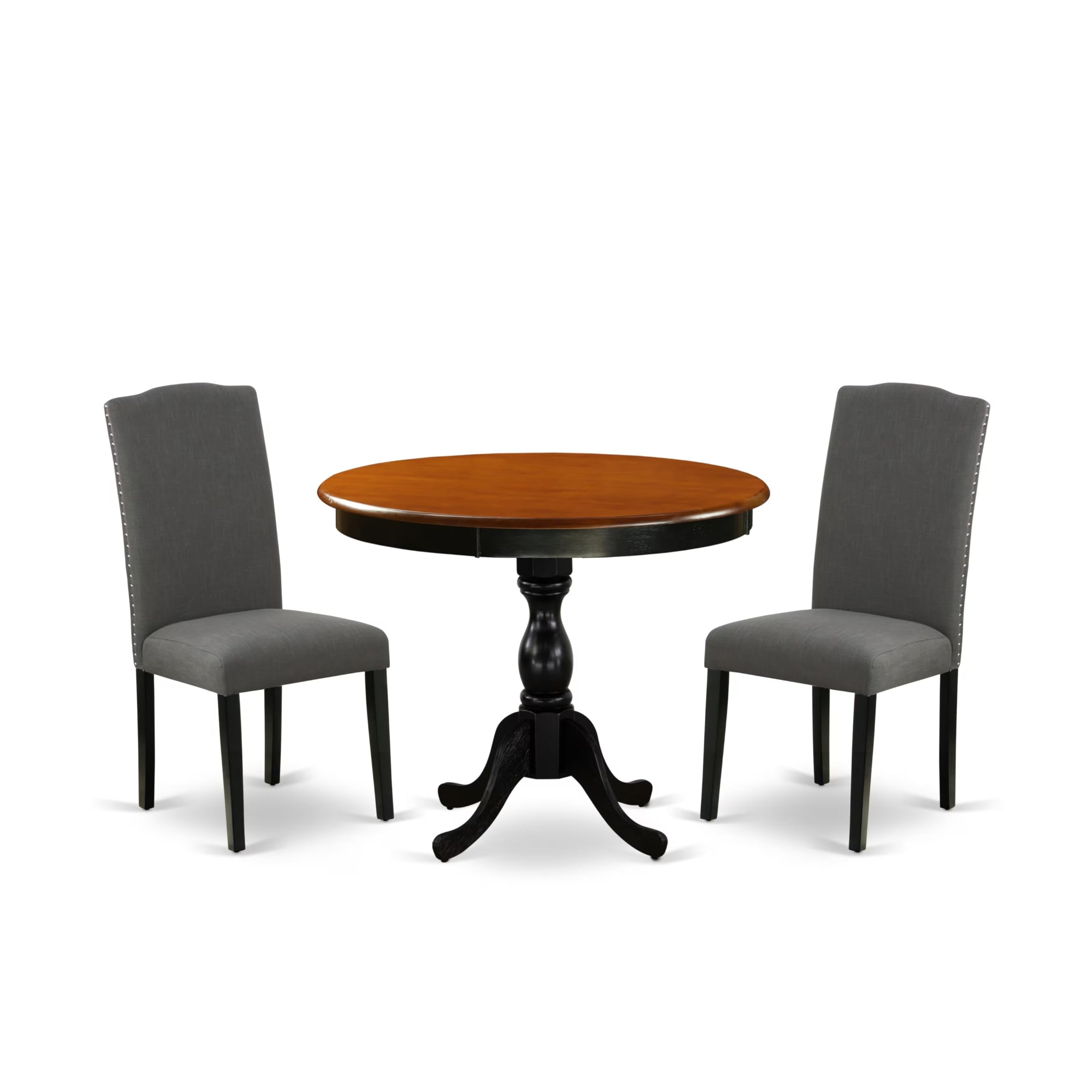 East West Furniture Amen3-Bch-20 3 Piece Dining Table Set Contains A Round Dining Room Table With Pedestal And 2 Dark Gotham Linen Fabric Upholstered Chairs, 36X36 Inch, Black & Cherry