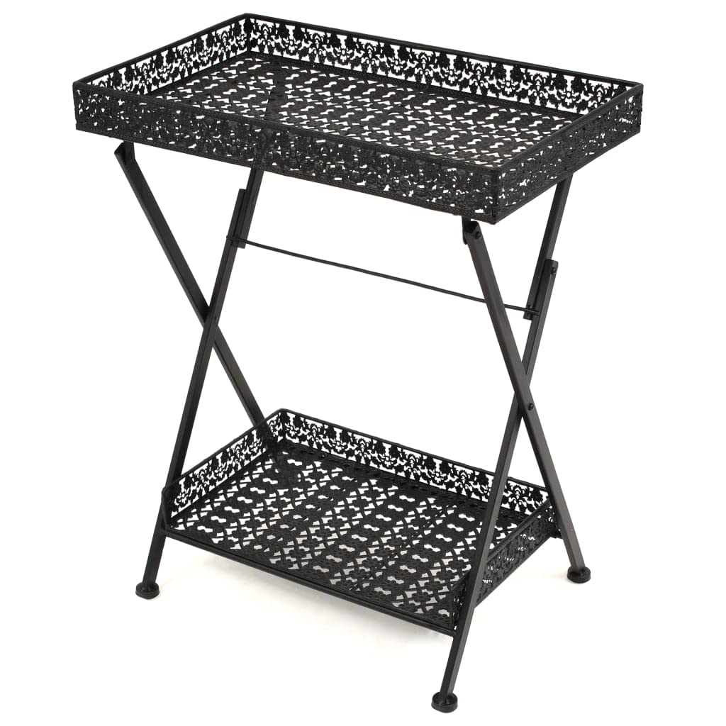 vidaXL Folding Metal Tea Table with Bottom Storage Basket in Black - Vintage, Industrial-Style Accent Side Table