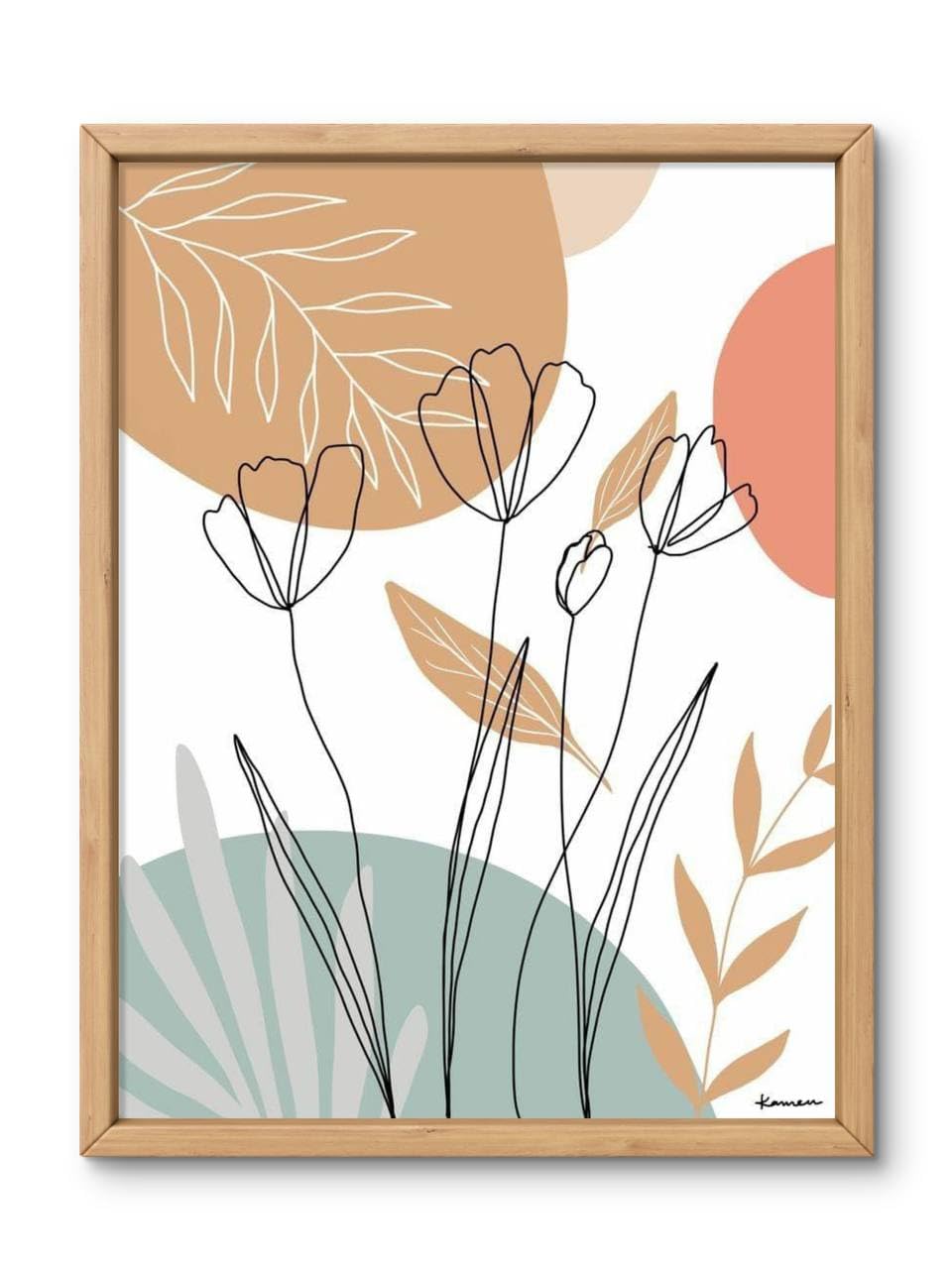 VSK SKETCH ART STUDIOAbstract Floral Line Art Print  8x12 Inch Framed Wall Art  Modern Botanical Drawing with Peach, Coral &