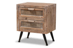 Baxton Studio Calida Mid-Century Modern Whitewashed Natural Brown Finished Wood and Rattan 2-Drawer Nightstand