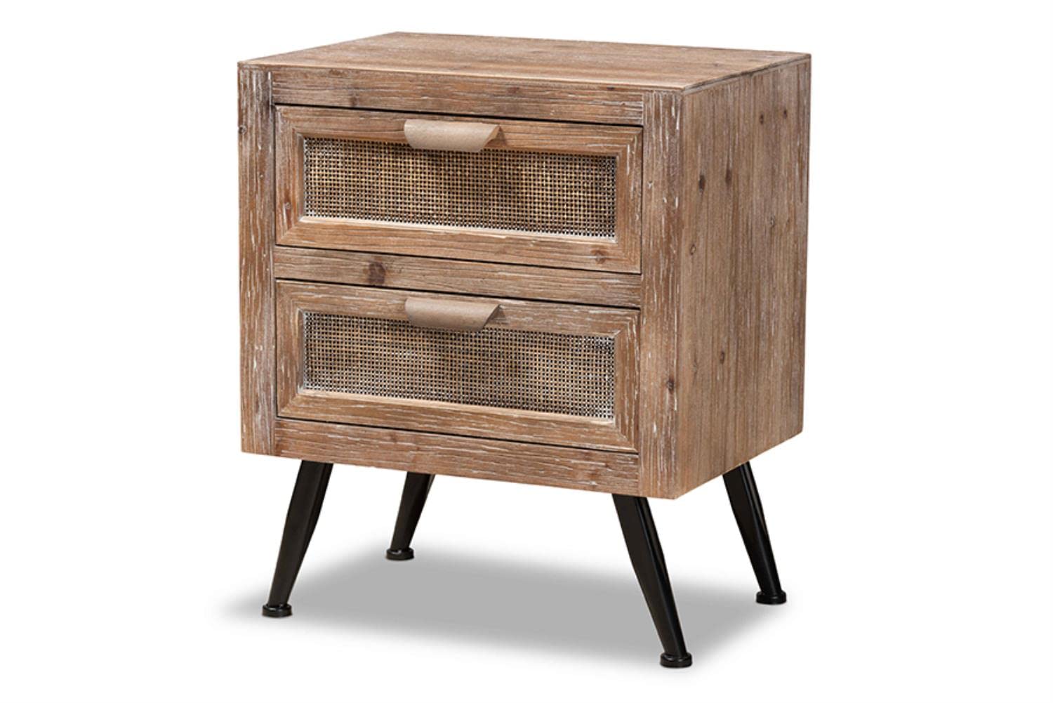 Baxton Studio Calida Mid-Century Modern Whitewashed Natural Brown Finished Wood and Rattan 2-Drawer Nightstand