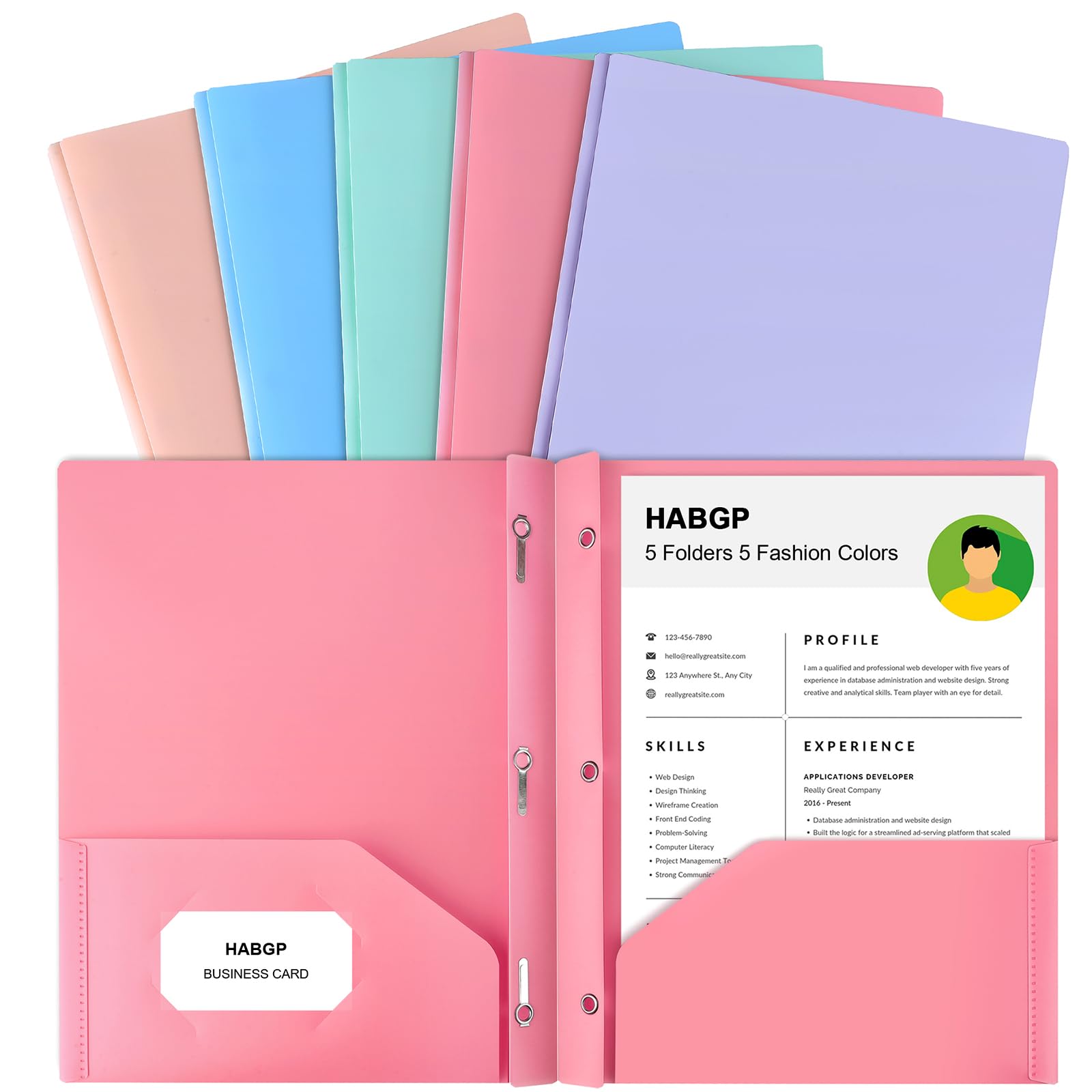 Habgp Two Pocket Folder With Prongs (5 Pack, Pastel Colors), Plastic Folders With Pockets And Business Card Holder, Fit Letter S