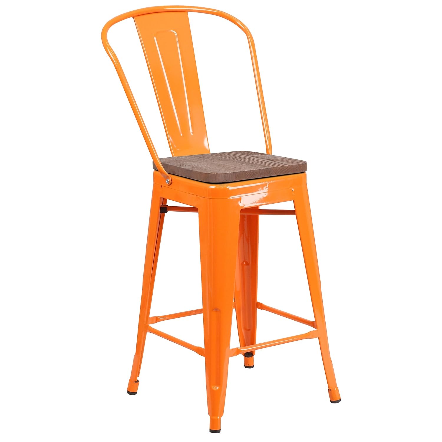 Flash Furniture Lily 24&quot; High Orange Metal Counter Height Stool With Back And Wood Seat