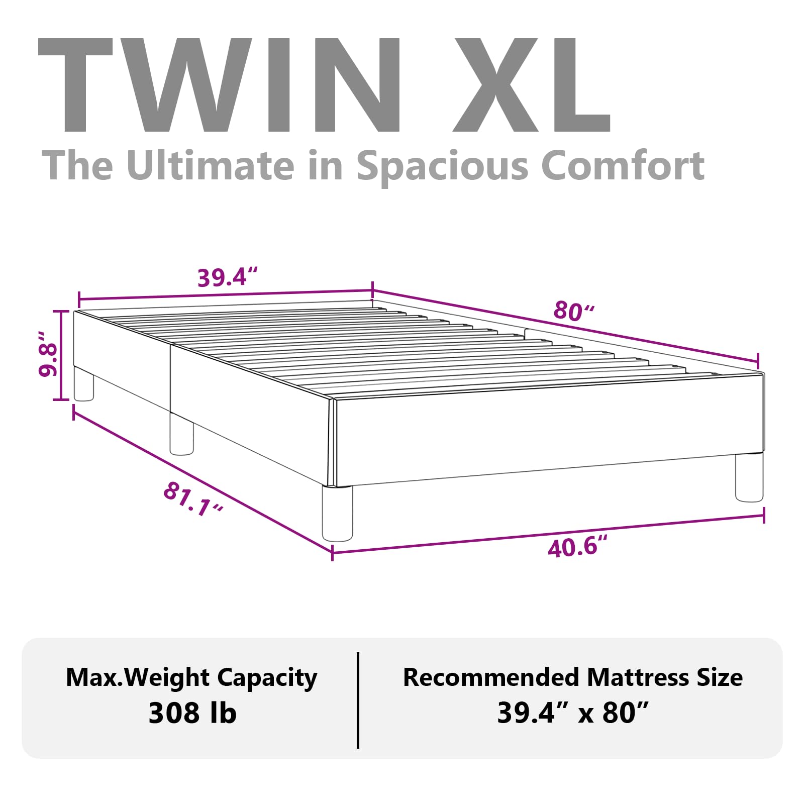 vidaXL Twin XL Bed Frame in Dark Gray 100% Polyester Fabric with Plywood Slats for Support and Stability - 39.4x79.9 Size