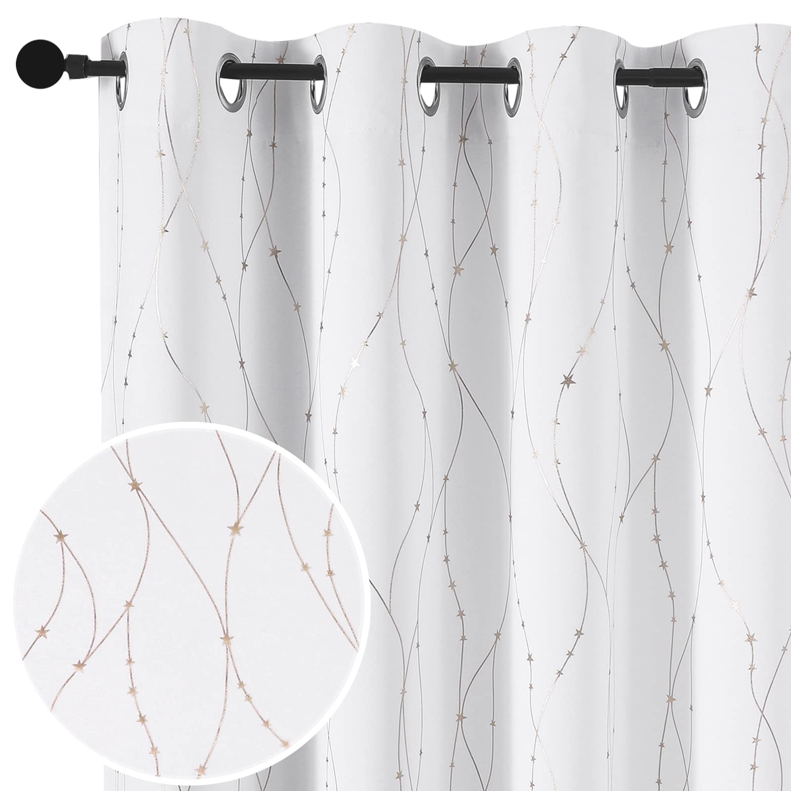 Smile Weaver White Christmas Curtains 84 Inch Length For Bedroom,Room Darkening Curtains With Gold Star Printed Noise Reducing T