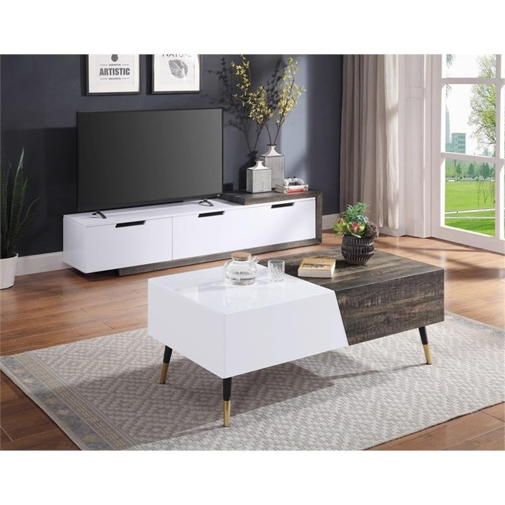 Acme Orion Rectangular Wooden Coffee Table in White High Gloss and Rustic Oak